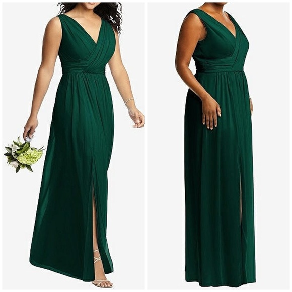 New Dessy Collection Sleeveless Draped Chiffon Maxi Dress With Slit Hunter Green - Picture 2 of 11